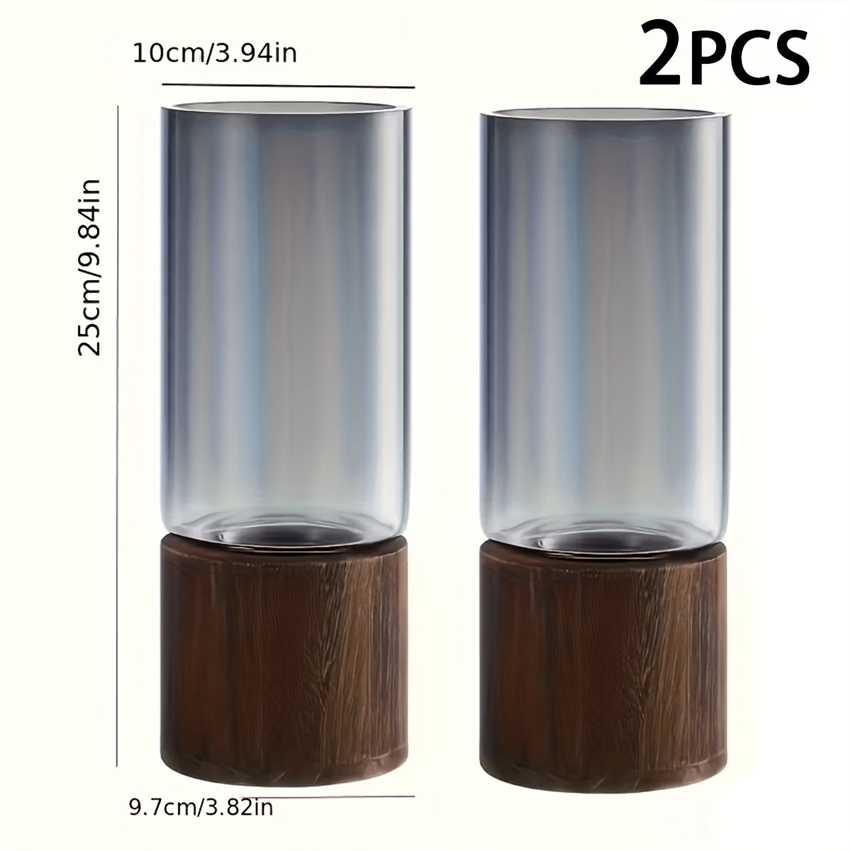 Wooden Glass Vases Set of 2 – 10 Inch Tall Cylindrical Boho Rustic Vases with Wood Base for Fireplace Mantel, Living Room Centerpiece, Bedroom, Kitchen & Desk Decor