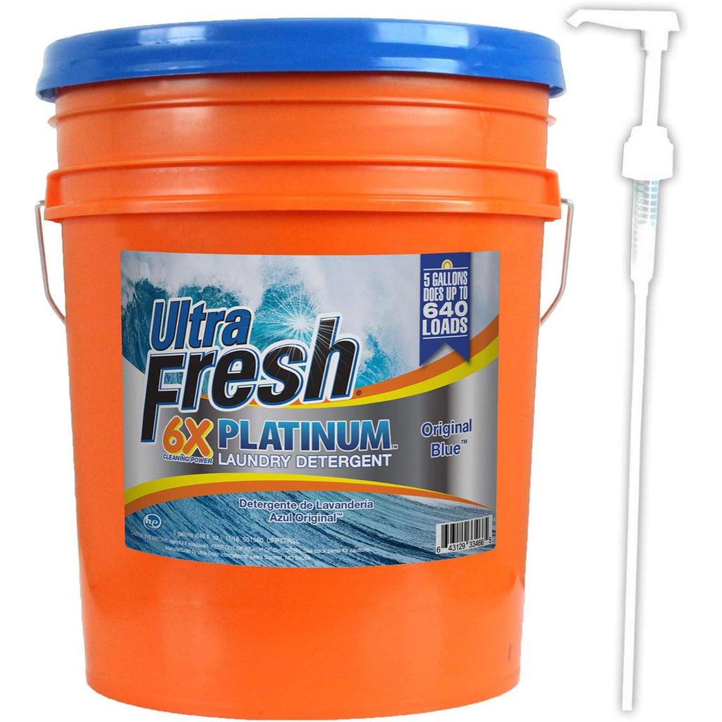 Ultra Fresh 6X Concentrated Liquid Laundry Detergent 5 Gallon with Pump, Up to 640 Loads HE Compatible All Machine Types, No Phosphates No Bleach, 4 Scent Options
