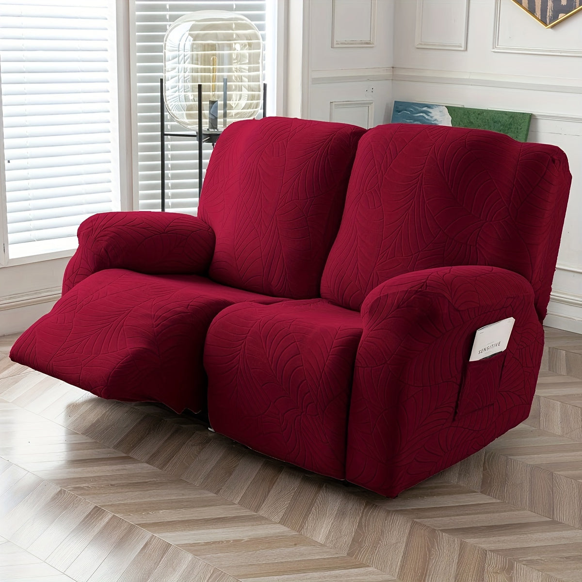 Jacquard Stretch Recliner Sofa Cover – Big Leaves Pattern, 1/2/3 Seater & Loveseat with Console, Winter Insulation Soft Washable, 6 Colors