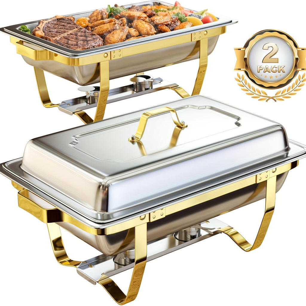 Golden Chafing Dish Buffet Set 9QT Stainless Steel Chafer with Full-Size Pans – Elegant Gold & Silver Finish Food Warmer for Weddings, Parties, Banquets & Catering Events (2 or 4 Pack)