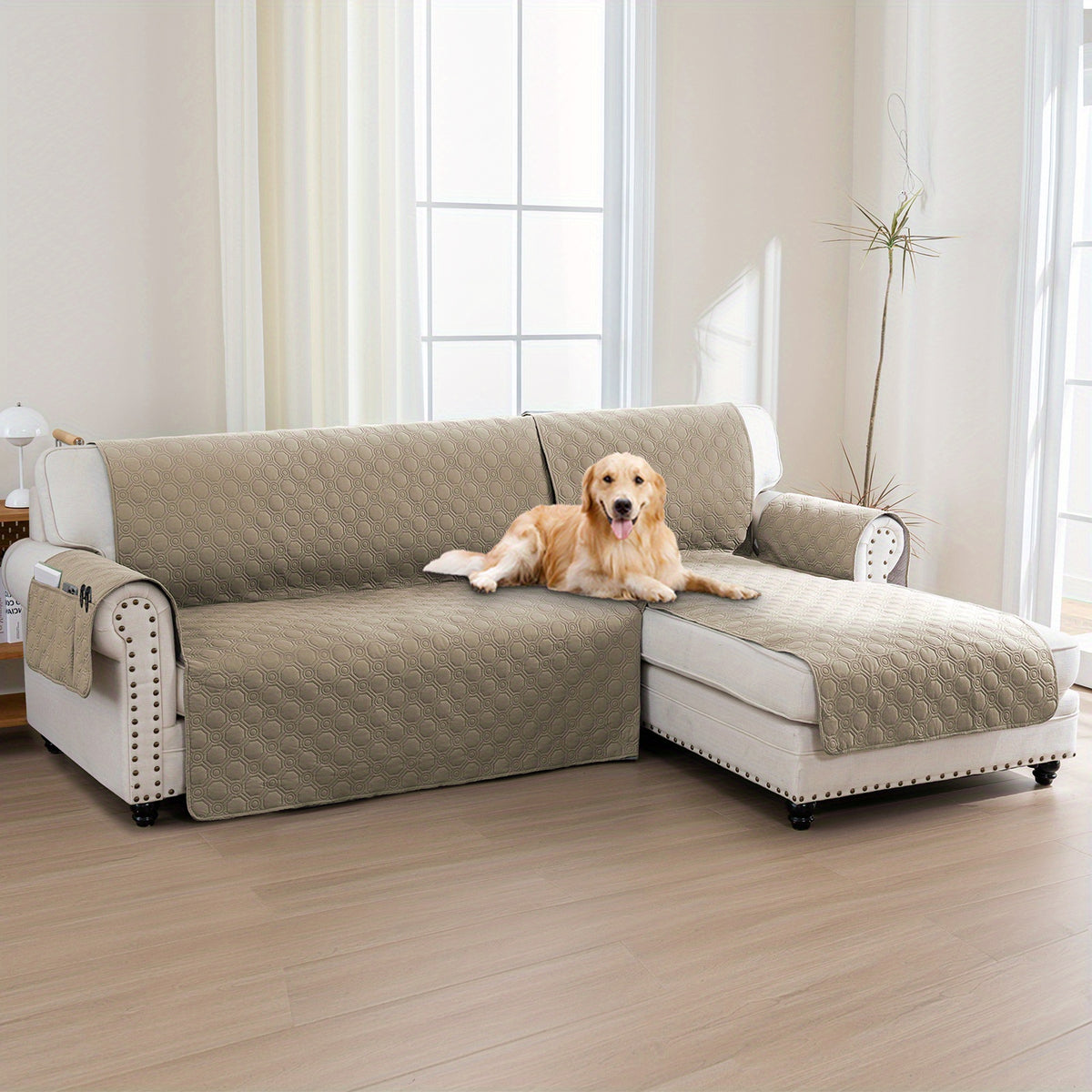L-Shaped Sectional Sofa Cover 100% Liquid-Resistant Couch Slipcover with Non-Slip Straps for Dogs Cats Pets Left Right Chaise