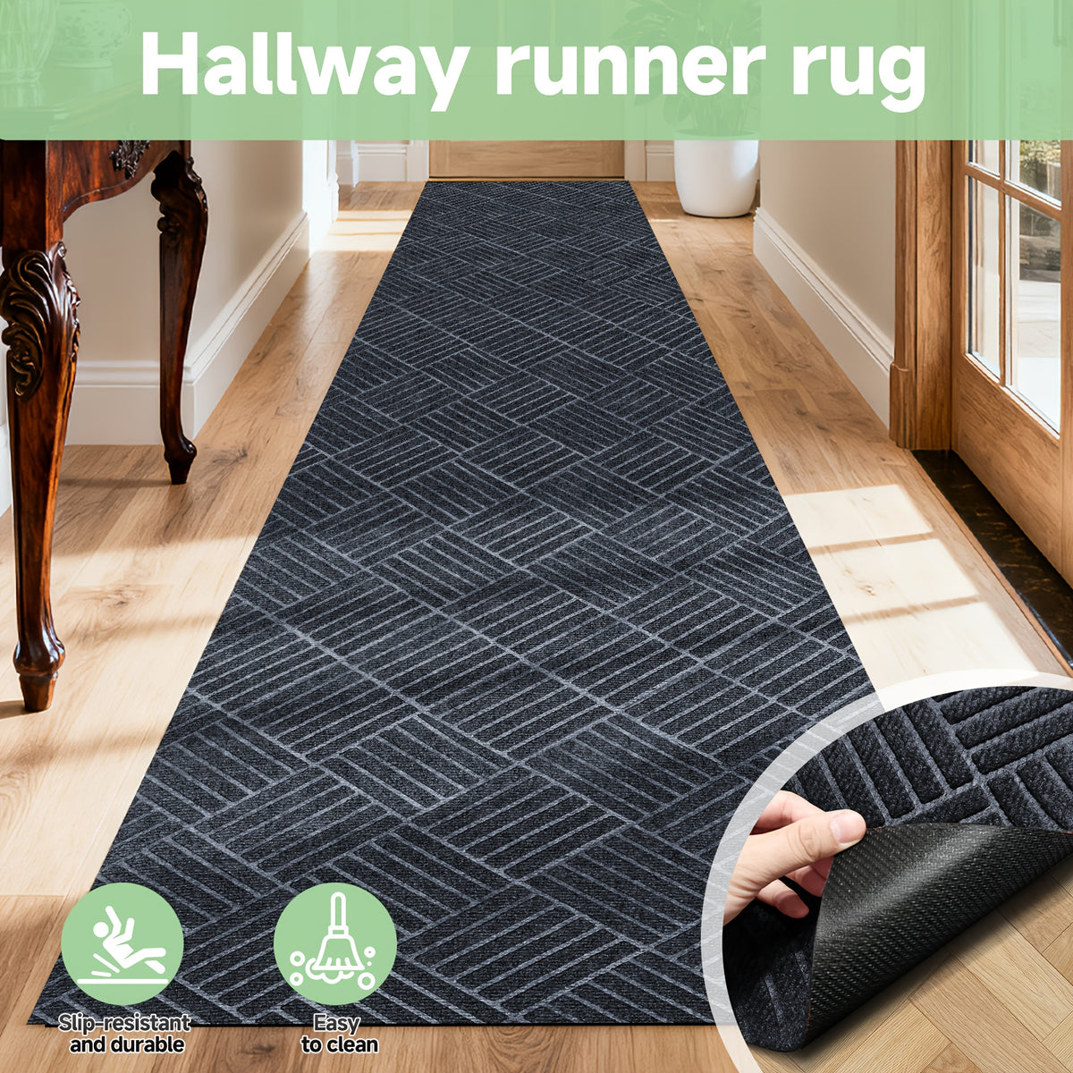 Hallway Runner Rug Non-Slip Vintage Diamond Pattern Machine Washable Rubber Backed – Kitchen, Entryway & Living Room Runner, 5 Sizes, Dark Gray & Dark Red