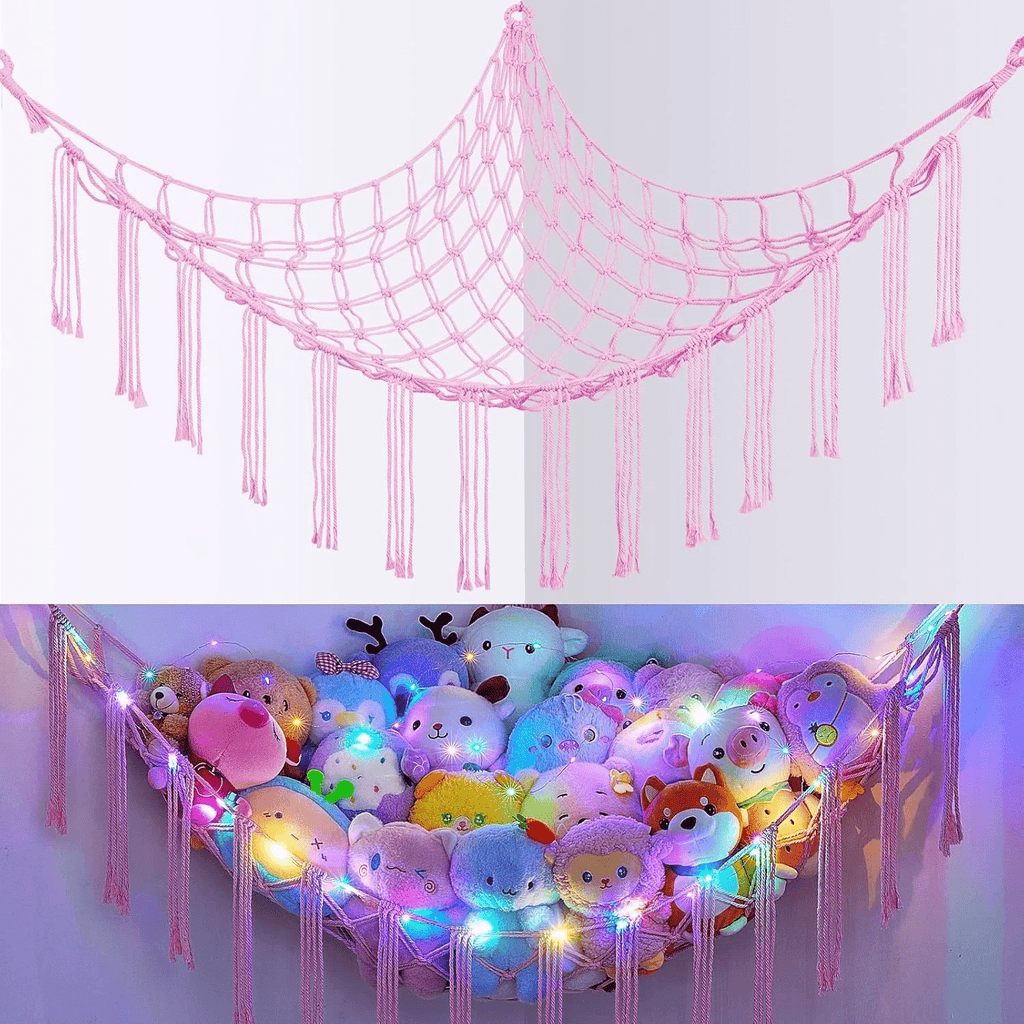 Stuffed Animal Storage Hammock with Star Lights – Corner Mesh Toy Organizer with Hooks for Kids Room, Bedroom & Nursery | White, Black & Pink