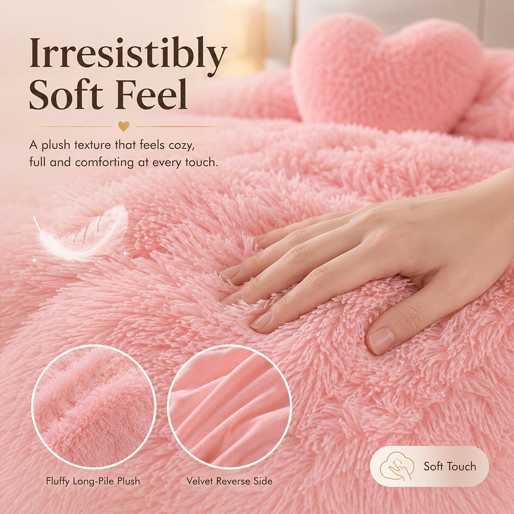 Luxury Fluffy Plush Bedding Set – Soft Duvet Cover, Pillowcases & Throw Pillow, Queen/King, All-Season
