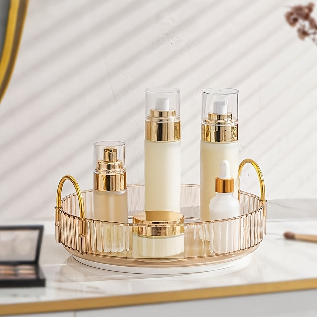 360° Rotating Makeup Organizer with 1, 2 or 3 Tiers, Gold Striped Desktop Cosmetic Storage Rack for Brushes, Lipstick & Skincare – Durable Odorless Vanity Organizer for Bathroom & Bedroom