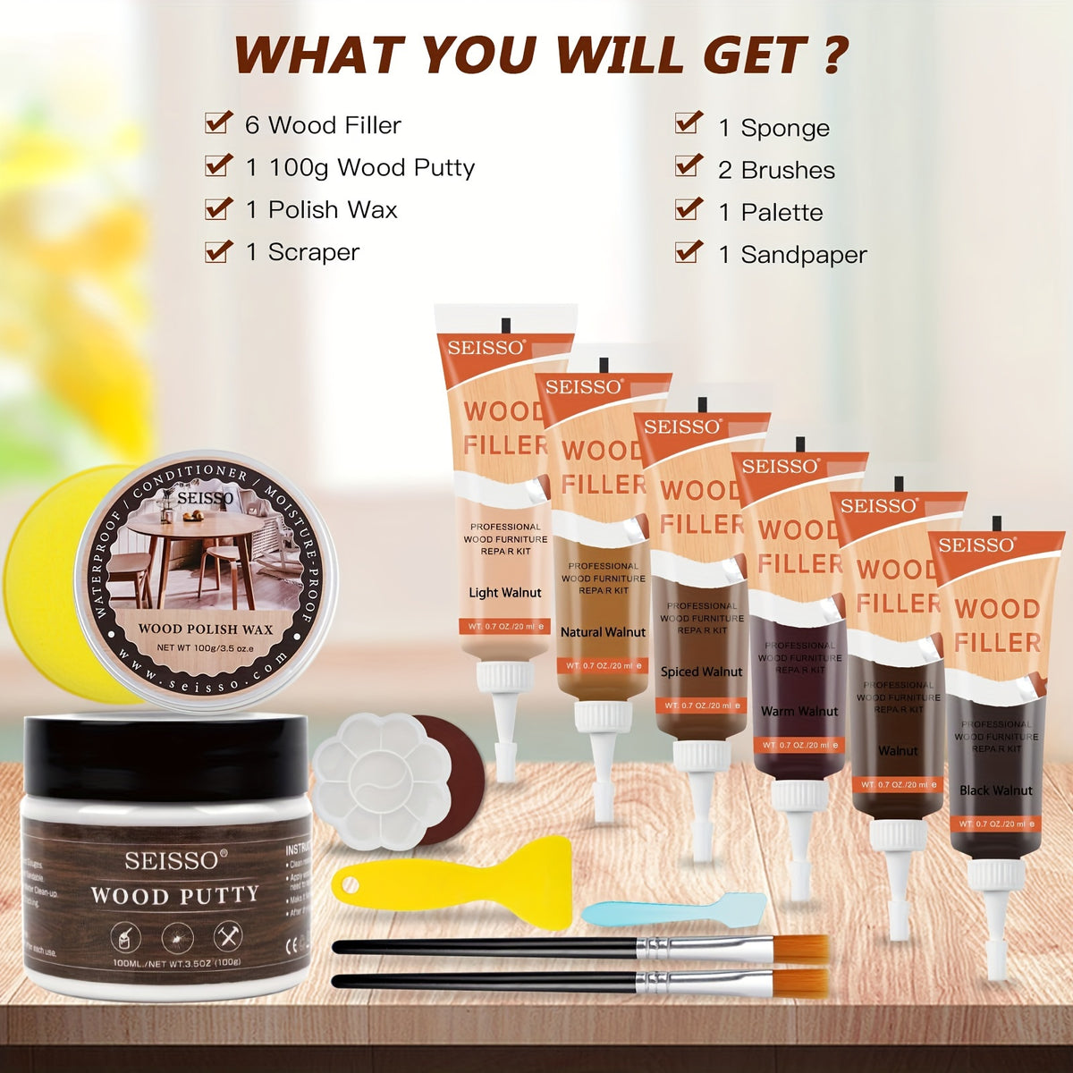Wood Furniture Repair Kit 14 Piece Scratch Repair Filler Wood Putty Wax Touch Up Kit for Hardwood Floors Laminate Tables Doors Cabinets Walnut Colors Restore Cracks Holes