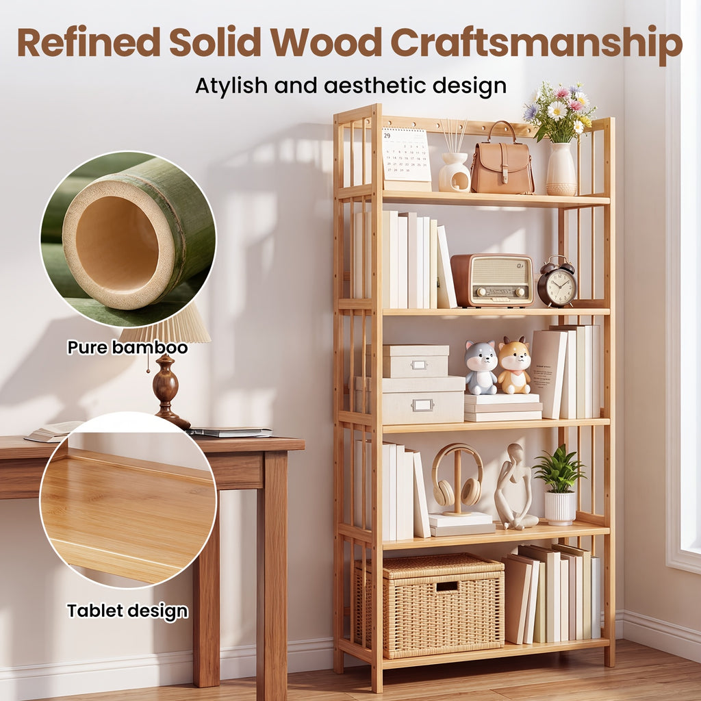 Bamboo Bookshelf Narrow 4 or 5 Tier Adjustable Shelves – Natural Wooden Bookcase Standing Storage Shelf Organizer for Small Spaces, Bedroom, Living Room & Home Office