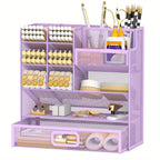 Mesh Desk Organizer with Drawer & Pen Holder – Multifunctional Desktop Organizer for Office Art Supplies, Accessories Storage, Desk Caddy for Home Office School Workspace