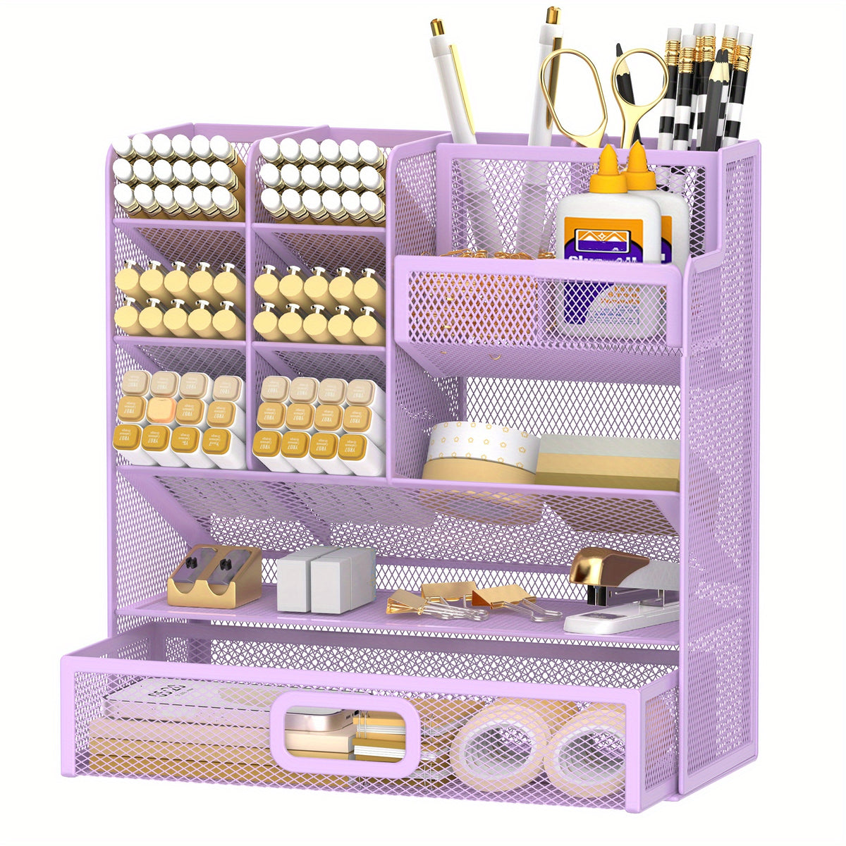 Mesh Desk Organizer with Drawer & Pen Holder – Multifunctional Desktop Organizer for Office Art Supplies, Accessories Storage, Desk Caddy for Home Office School Workspace