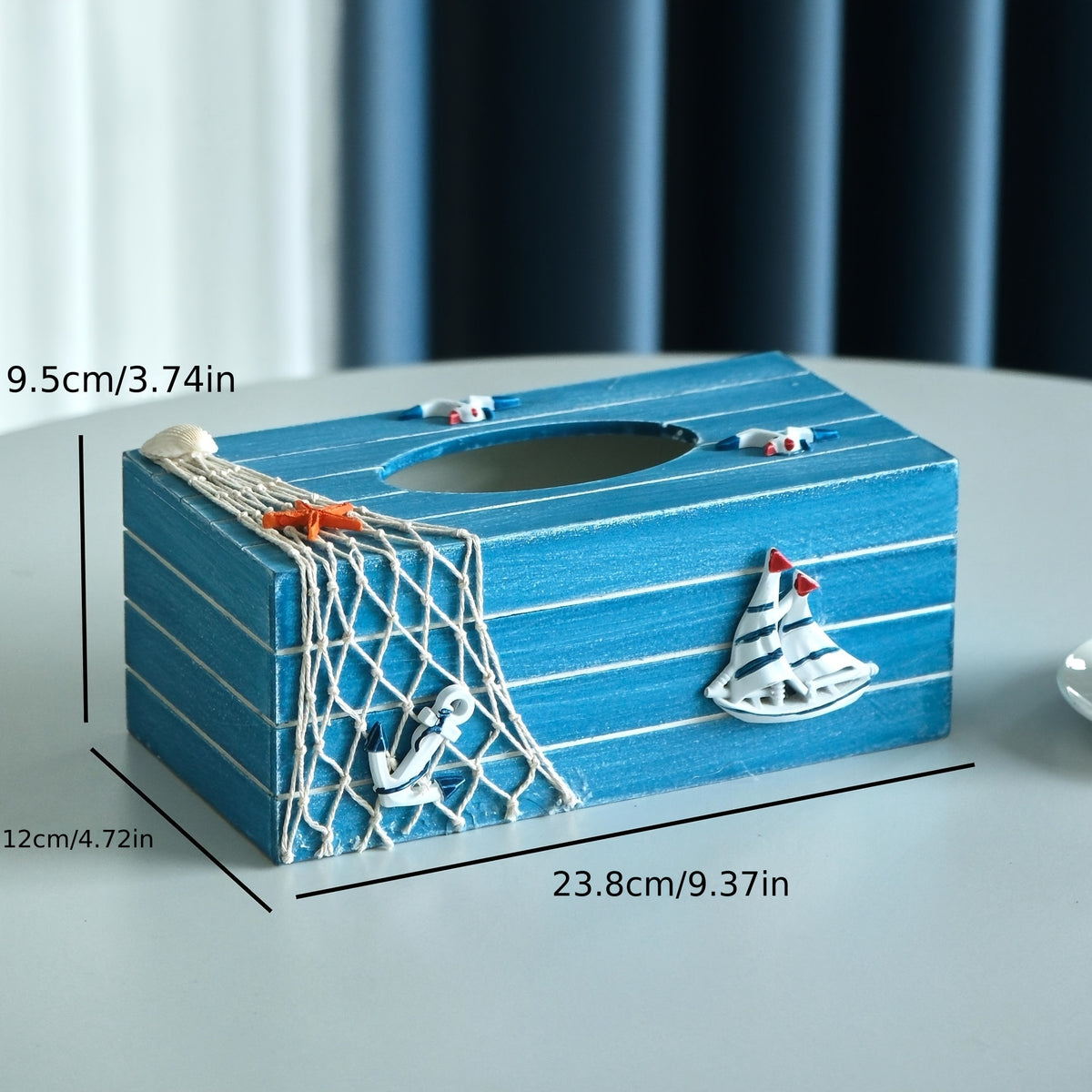 Nautical Tissue Box Cover Coastal Decor - Decorative Wood Tissue Dispenser with Rope & Sailboat Detail, Beach Theme Tissue Holder for Living Room, Bathroom & Office, Mediterranean Style Home Accent