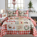 Christmas Quilt Set Queen King 3 Piece – Rustic Lodge Deer Snowman Snowflake Holiday Bedding Ensemble, Quilted Bedspread Coverlet with Pillow Shams, Machine Washable Lightweight Comforter