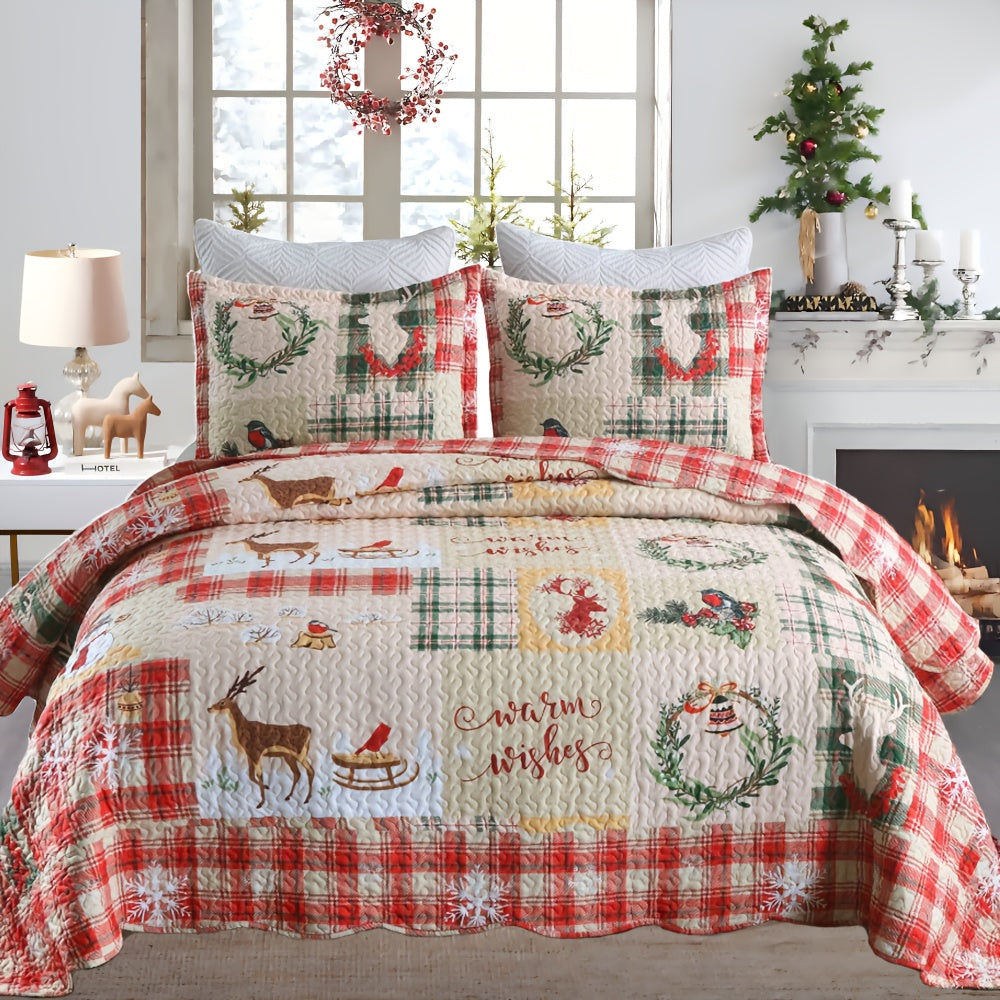 Christmas Quilt Set Queen King 3 Piece – Rustic Lodge Deer Snowman Snowflake Holiday Bedding Ensemble, Quilted Bedspread Coverlet with Pillow Shams, Machine Washable Lightweight Comforter