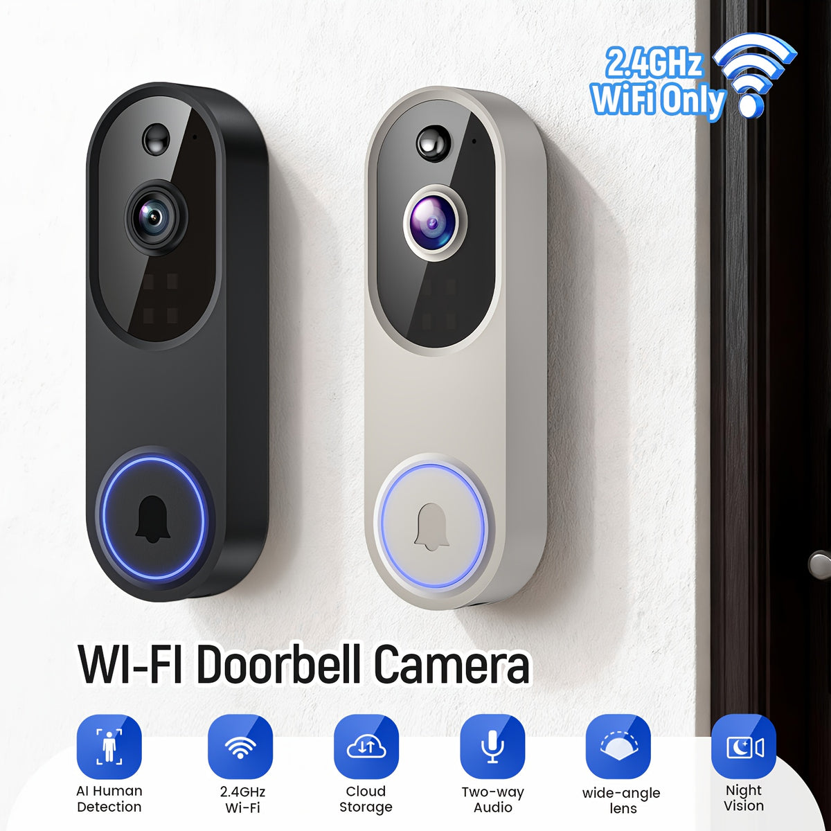 2K Smart Video Doorbell Camera – 166° Wide Angle, AI Human Detection, Two-Way Voice, Night Vision, Cloud Storage & 2.4G WiFi Wireless Doorbell for Home Security