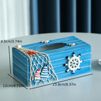 Nautical Tissue Box Cover Coastal Decor - Decorative Wood Tissue Dispenser with Rope & Sailboat Detail, Beach Theme Tissue Holder for Living Room, Bathroom & Office, Mediterranean Style Home Accent