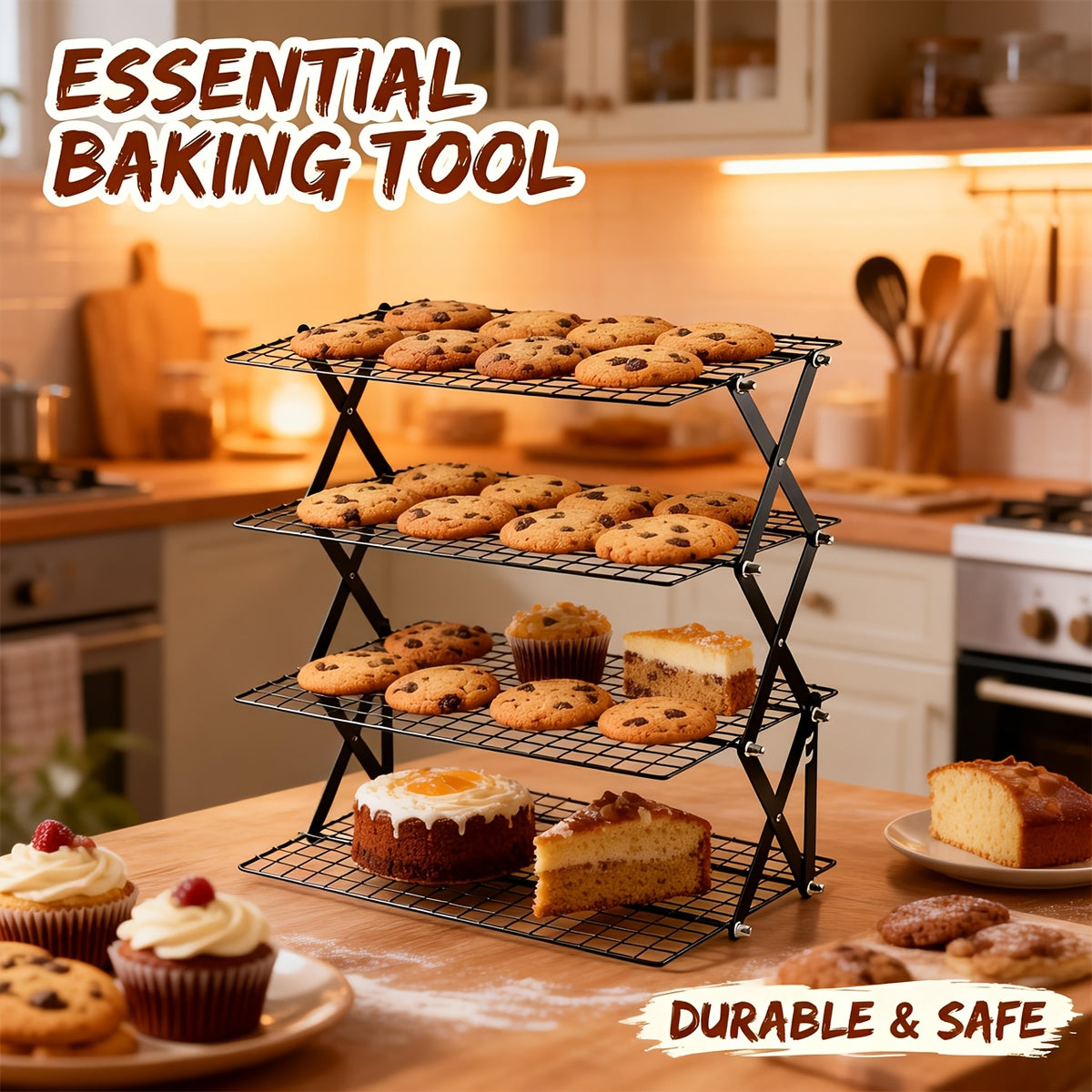 Foldable Cooling Rack Set with Baking Tools – Stackable Oven Cookie Cake Drying Rack, 3/4/5 Piece with Silicone Spatula, Egg Beater & More, Holiday Baking Gift