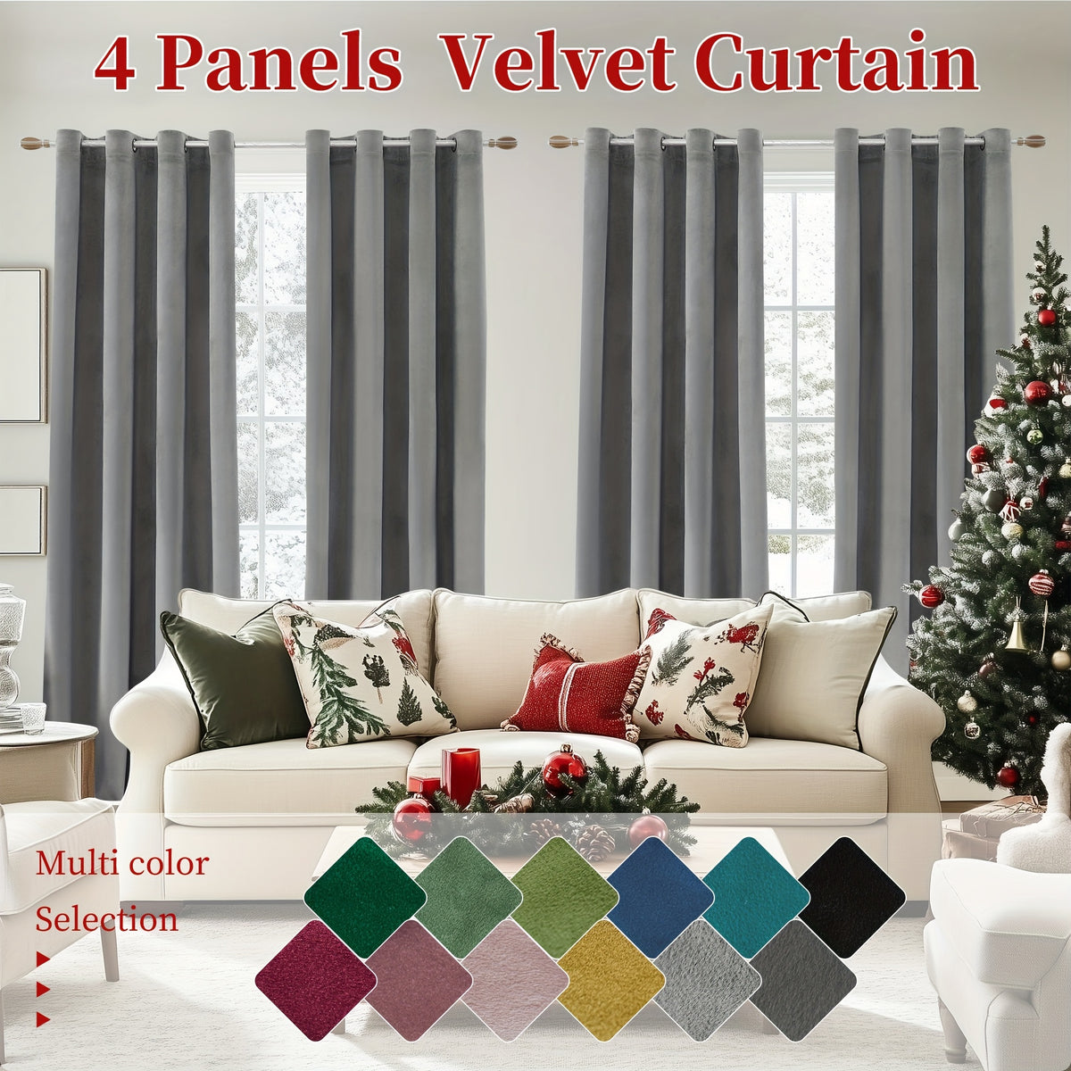 Blackout Velvet Curtains 4 Panels - Thermal Insulated Grommet Drapes, Noise Reducing Soft Window Curtains for Living Room Bedroom, Multiple Sizes & Colors