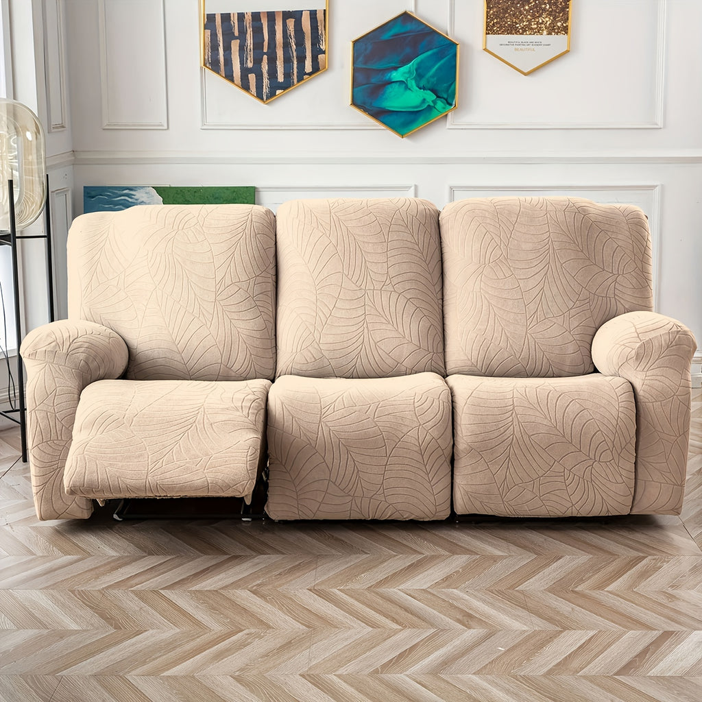 Jacquard Stretch Recliner Sofa Cover – Big Leaves Pattern, 1/2/3 Seater & Loveseat with Console, Winter Insulation Soft Washable, 6 Colors