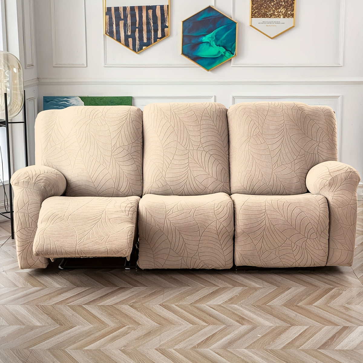 Jacquard Stretch Recliner Sofa Cover – Big Leaves Pattern, 1/2/3 Seater & Loveseat with Console, Winter Insulation Soft Washable, 6 Colors