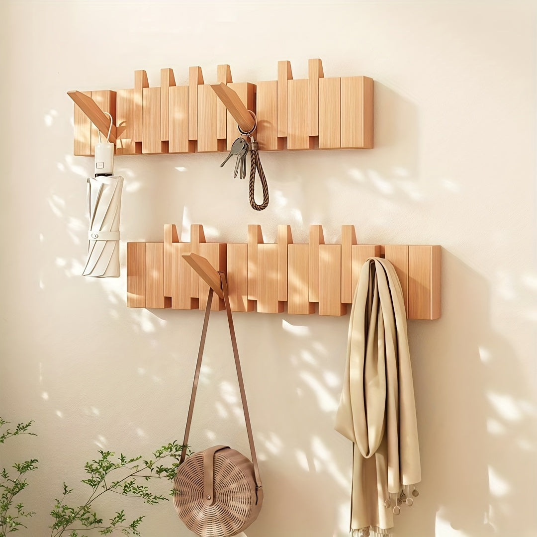 Wall-Mounted Coat Rack Natural Wood – Accordion Hook Rack for Entryway, 4/6/8/10 Hooks, Walnut & Beech Finish, Space-Saving Coat Hanger for Bedroom, Bathroom, Hallway
