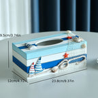 Nautical Tissue Box Cover Coastal Decor - Decorative Wood Tissue Dispenser with Rope & Sailboat Detail, Beach Theme Tissue Holder for Living Room, Bathroom & Office, Mediterranean Style Home Accent