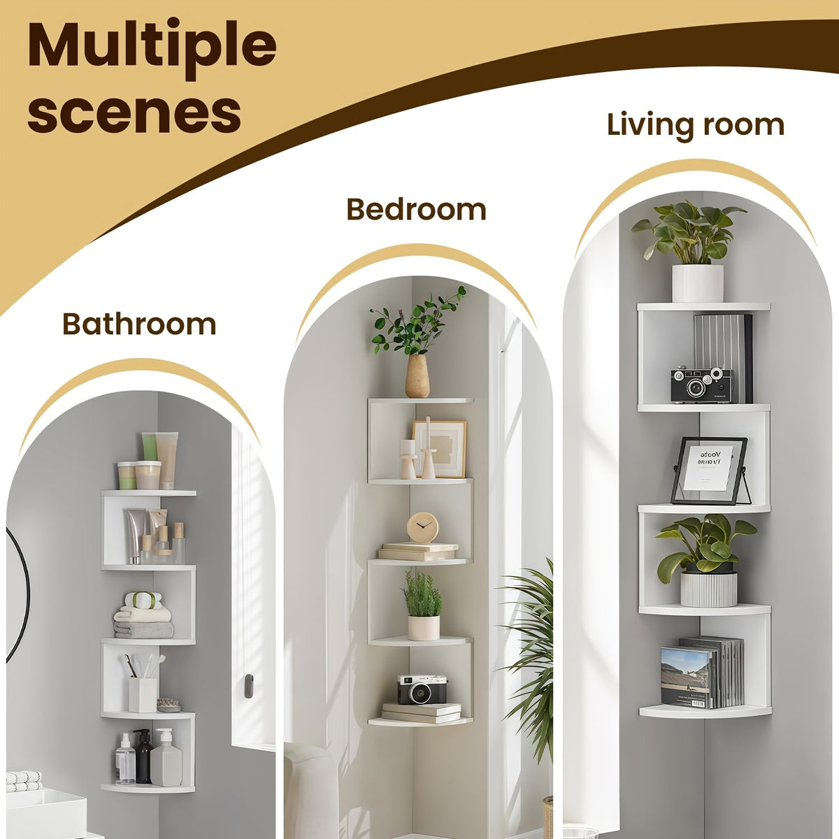Floating Corner Wall Shelf 3 or 5-Tier, Wall Mounted Storage Rack for Living Room, Bedroom, Kitchen, Bathroom & Office, Easy Install Decorative Corner Shelves, White or Black, 1 or 2 Pieces