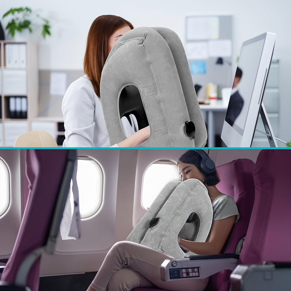 Inflatable Travel Neck Pillow with Patented Valve – Adjustable Firmness Ergonomic Air Pillow for Flights Cars Trains Office Napping, Lightweight Compact, Grey & Black