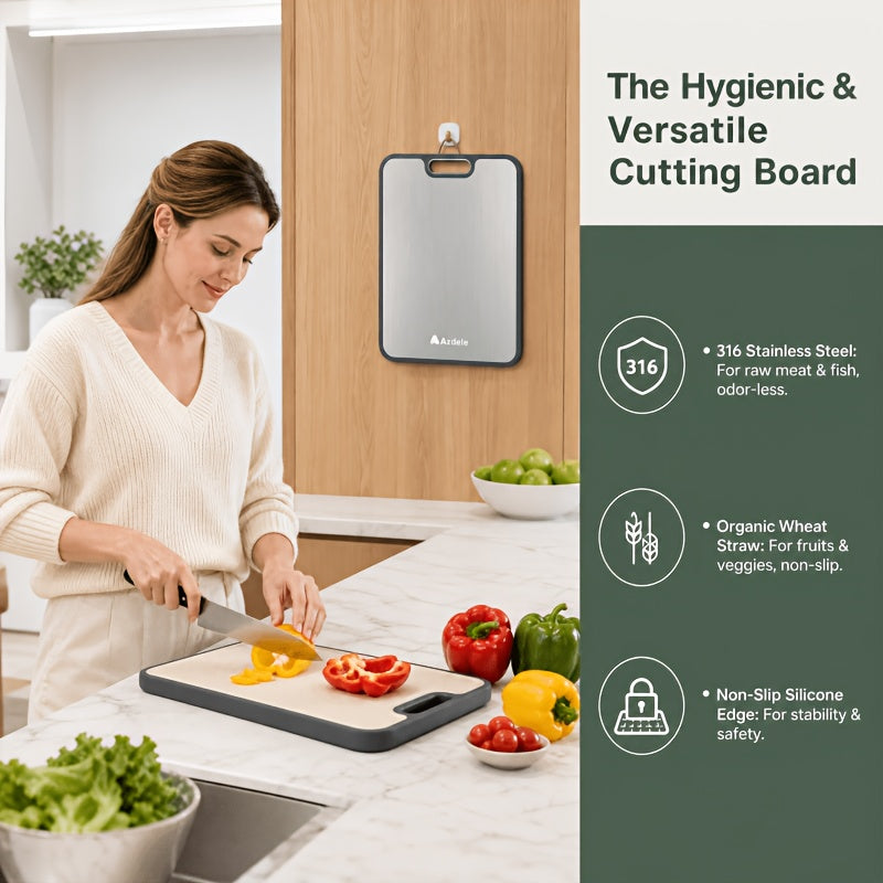 Titanium Cutting Board Double-Sided Food-Grade 17x11.5 Inch - Pure Titanium & Wheat Straw PP Large Kitchen Chopping Board, Easy to Clean, Durable & Eco-Friendly