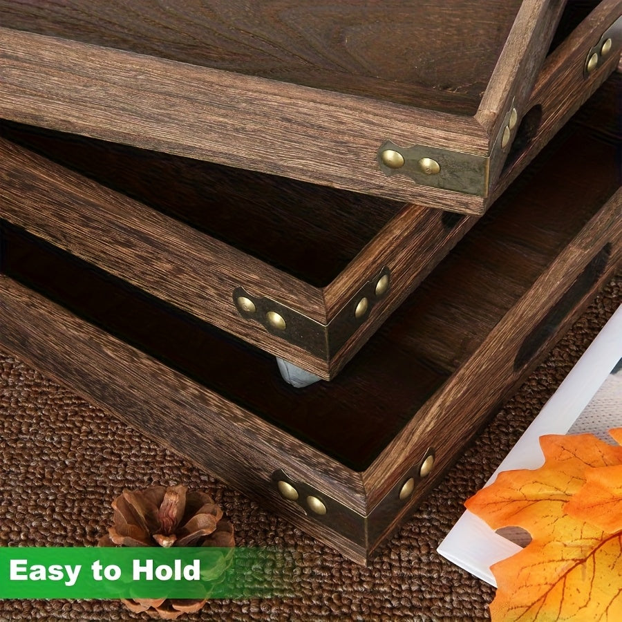 7-Piece Rustic Rectangular Serving Trays with Handles Vintage Elegance Tea Coffee Snack Fruit Dessert Tray Set for Kitchen Living Room