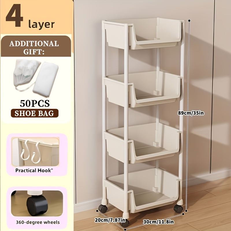 Shoe Rack with Wheels 3/4/5 Tier White Metal Shoe Storage Rack with Hooks Rolling Shelving Unit for Entryway Bedroom Closet Kitchen Office