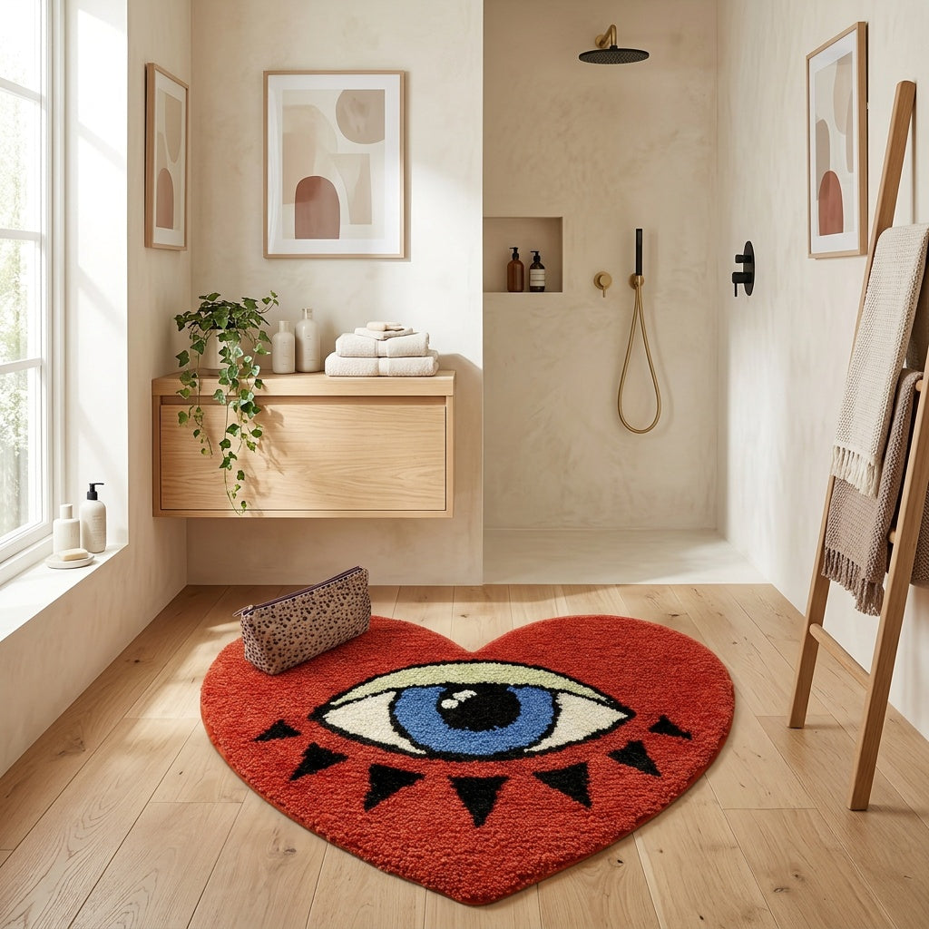 Heart Shaped Plush Bathroom Mat with Eye Pattern - Non-Slip Absorbent Irregular Bath Rug, 20.47" x 24.4", Decorative Bathtub Foot Pad for Valentine's Day, Bedroom & Home Decor