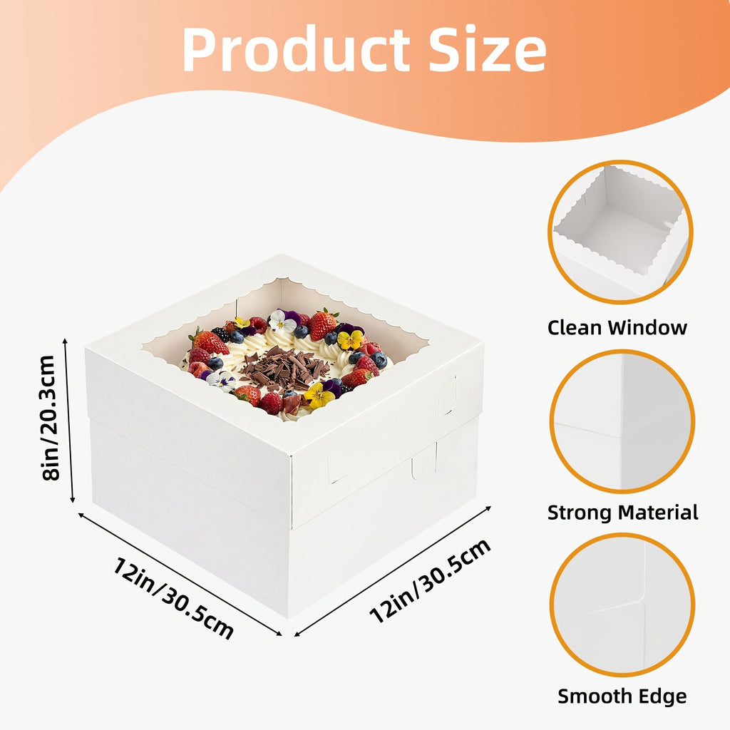 White Square Bakery Cake Boxes with Window - 8x8 & 12x12 Inch Tall Freezer-Safe Cardboard, Sets of 10/15/20, for Cakes Cupcakes Pastry Birthday Party Wedding | Nuvia Haven