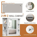 Wall Mounted Bathroom Medicine Cabinet with Mirror and 6 Open Side Shelves - White Wall Cabinet with Mirror for Bathroom Storage, Modern Medicine Cabinet Over Toilet or Vanity