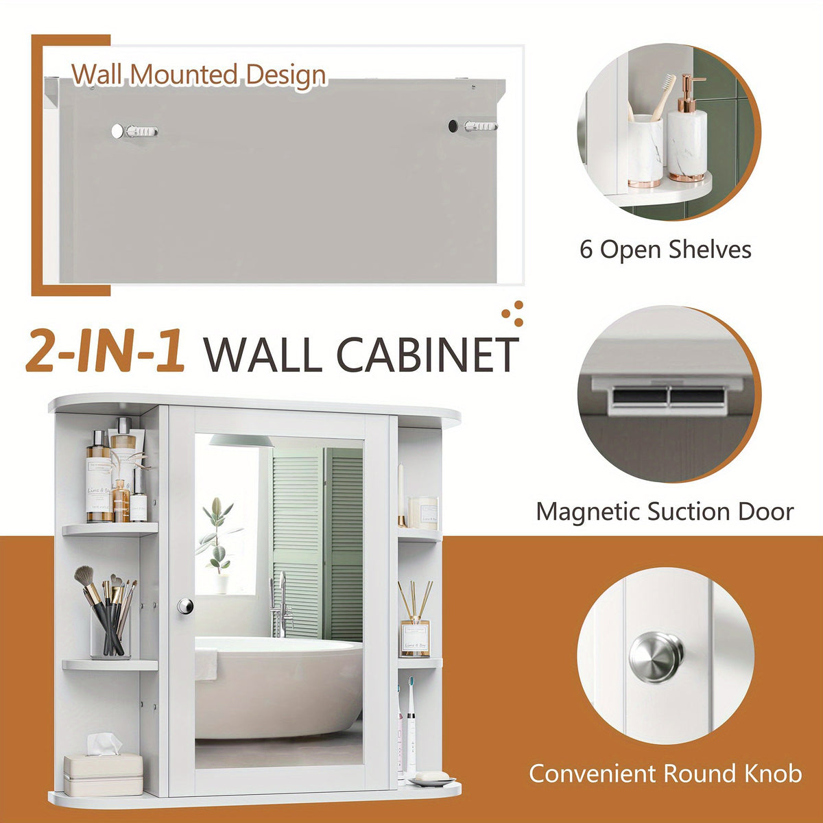 Wall Mounted Bathroom Medicine Cabinet with Mirror and 6 Open Side Shelves - White Wall Cabinet with Mirror for Bathroom Storage, Modern Medicine Cabinet Over Toilet or Vanity