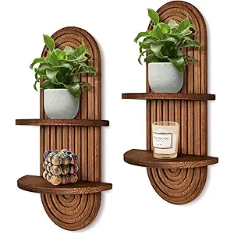 Boho Farmhouse Wood Floating Wall Shelves – 2-Layer Arc Design Wall-Mounted Storage Rack for Books, Plants & Decor in Bedroom, Bathroom, Kitchen & Living Room