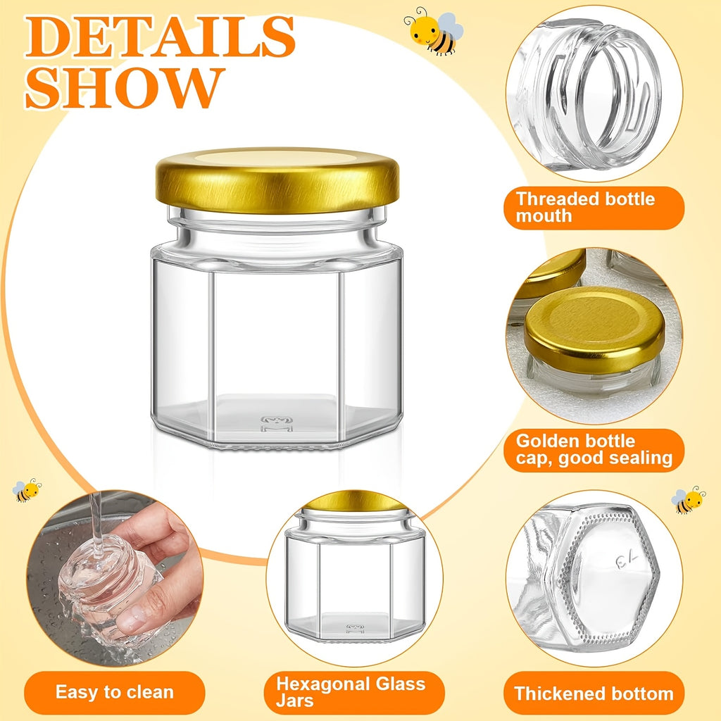 Mini Hexagon Honey Jar Favor Set – 1.5oz Glass Jars with Golden Lid, Bee Charm, Honey Dipper & Gift Tags | 20-60 Pcs | Wedding, Baby Shower & Party Favors