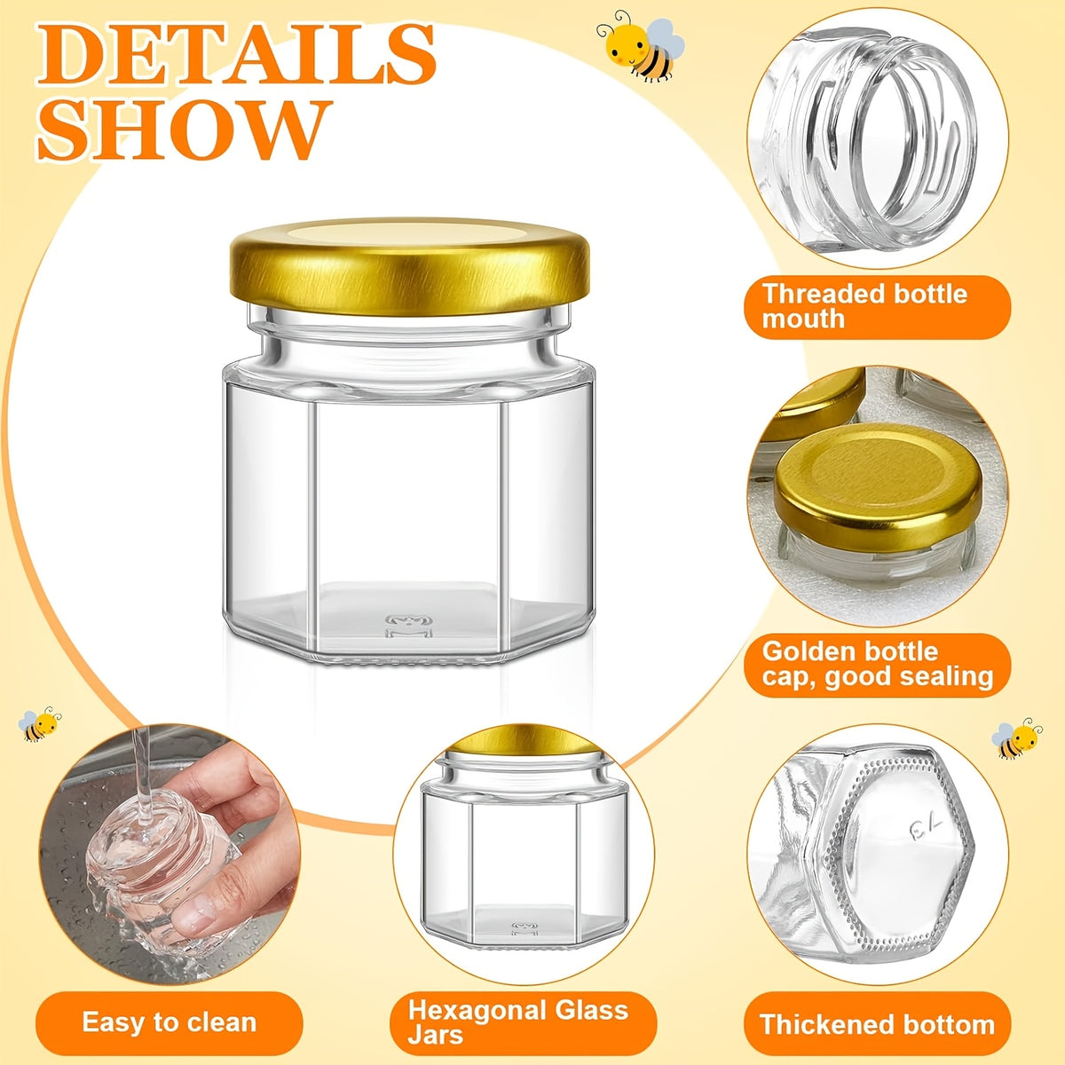 Mini Hexagon Honey Jar Favor Set – 1.5oz Glass Jars with Golden Lid, Bee Charm, Honey Dipper & Gift Tags | 20-60 Pcs | Wedding, Baby Shower & Party Favors