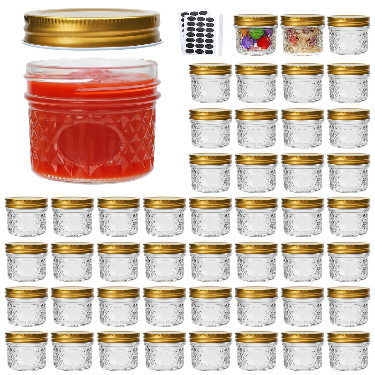 4oz Mason Jars with Lids – Silvery Canned Jelly Jars for Jam, Honey, Spice, Wedding Favors & Kitchen Storage (12/48 Pack)