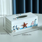 Nautical Tissue Box Cover Coastal Decor - Decorative Wood Tissue Dispenser with Rope & Sailboat Detail, Beach Theme Tissue Holder for Living Room, Bathroom & Office, Mediterranean Style Home Accent
