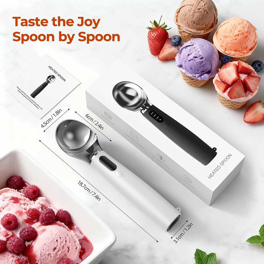 Electric Heated Ice Cream Scoop USB-C Rechargeable with 3 Temperature Settings - Self-Heating Ice Cream Scoop for Hard Ice Cream, IPX7 Waterproof, Ergonomic Zinc Alloy & Silicone, Ice Cream Lover Gift