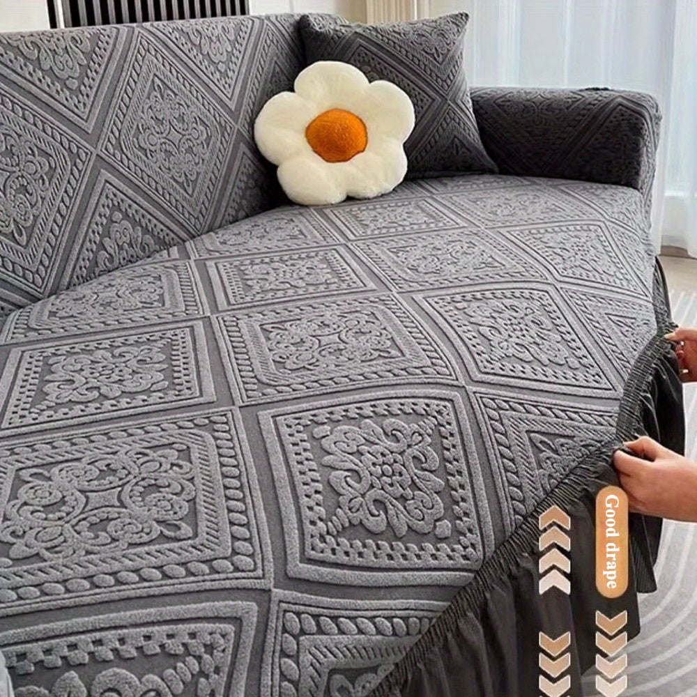 Velvet Jacquard Sofa Slipcover Grey Ruffle Detail Non-Slip Dustproof Stretch Machine Washable All-Season 1 2 3 4 Seater L-Shape Compatible Luxury Couch Cover