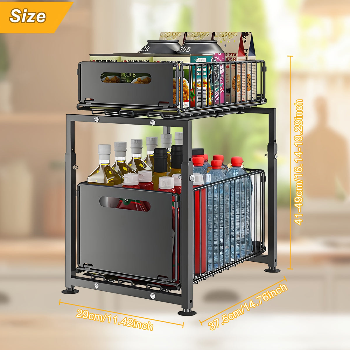 2-Tier Pull Out Cabinet Drawer Organizer No Drill - Slide Out Kitchen Pantry Shelf, Space-Saving Roll Out Storage for Spices Canned Goods Kitchenware, Black White