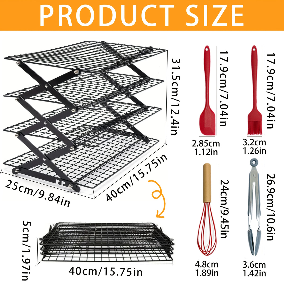 Foldable Cooling Rack Set with Baking Tools – Stackable Oven Cookie Cake Drying Rack, 3/4/5 Piece with Silicone Spatula, Egg Beater & More, Holiday Baking Gift