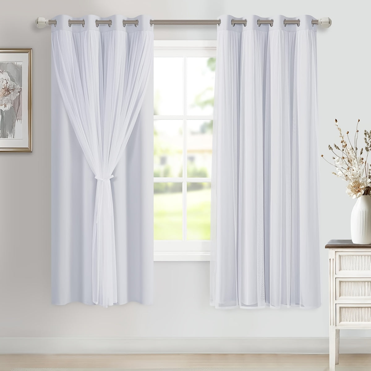 Double Layer Blackout Curtains with Sheer Overlay 2 Panels - Grommet Top Thermal Insulated Mix & Match Window Drapes with Tiebacks for Bedroom Living Room, All Season
