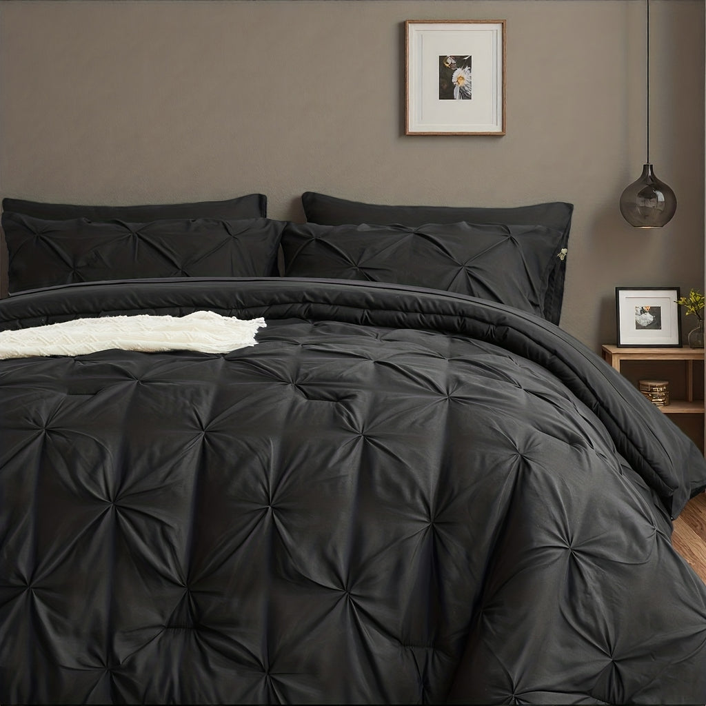 Luxury Pleated Comforter Set 5/7 Pcs – Soft Plush Fiber Fill, Quilted Comforter, Fitted Sheet, Flat Sheet, Pillowcases & Shams, Twin Full Queen King Year-Round Bedding
