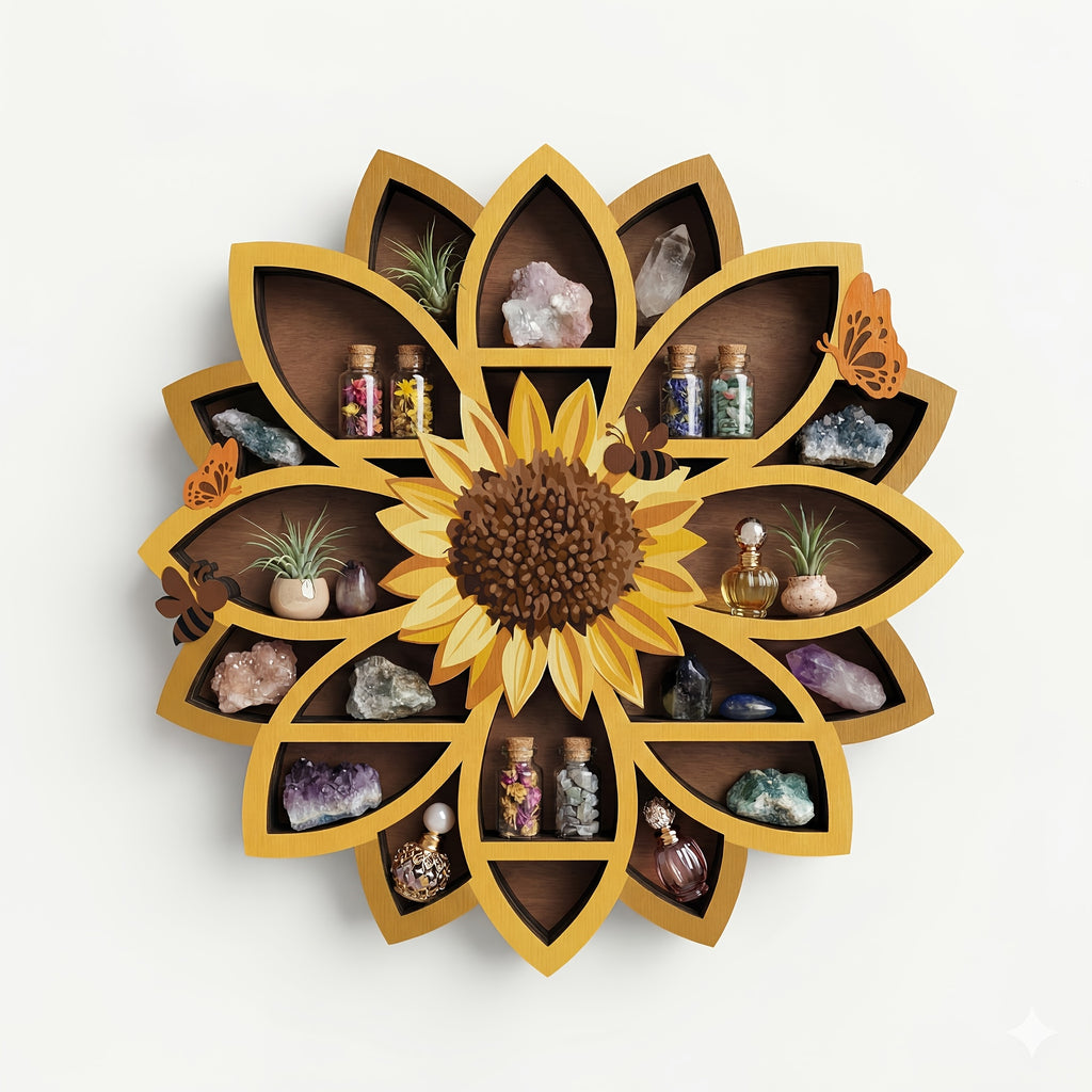 Wooden Sunflower Floating Shelf Wall-Mounted UV Printed Spiritual Decor – Crystal & Essential Oil Organizer, Meditation Room Wall Art, Living Room Storage Shelf