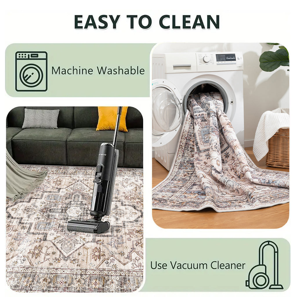 Bohemian Area Rug Washable Ultra-Soft Non-Slip Retro Foldable Living Room Bedroom Rug Beige Grey 4x6 5x7 6x9 8x10 9x12