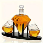 Diamond-Cut Whiskey Decanter Set with 2 Glasses & Wooden Rack – Creative Brick & Stone Pattern Liquor Holder for Bourbon, Scotch, Rum & Vodka | Unique Gift for Men