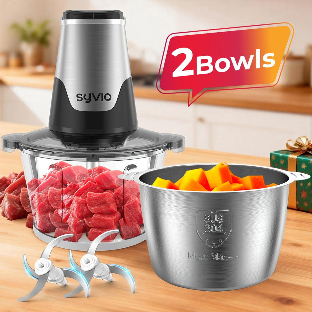 Mini Electric Food Processor & Meat Grinder 450W with 2 Bowls, 4 Bi-Level Stainless Blades & 2 Speeds, Electric Food Chopper for Baby Food, Meat, Onion & Vegetables, Great Christmas Gift