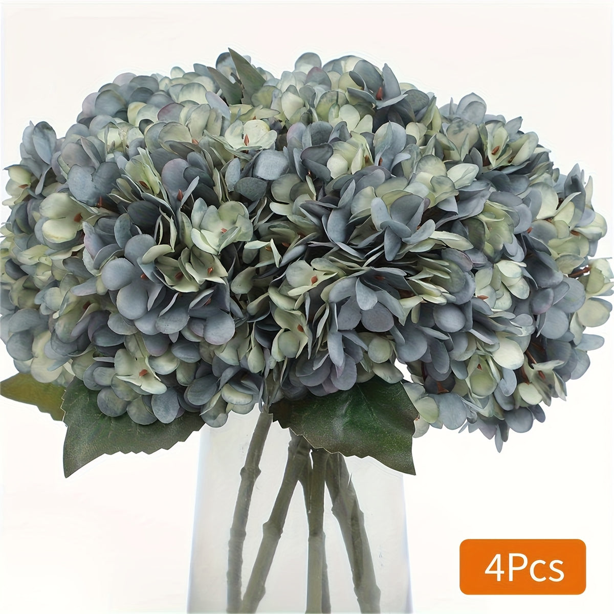 Faux Silk Blue Hydrangea Bouquets 4pcs Deep Lake Blue Artificial Flowers with Green Foliage Long Lasting Polyester Blooms for Home Wedding Event Floral Decor