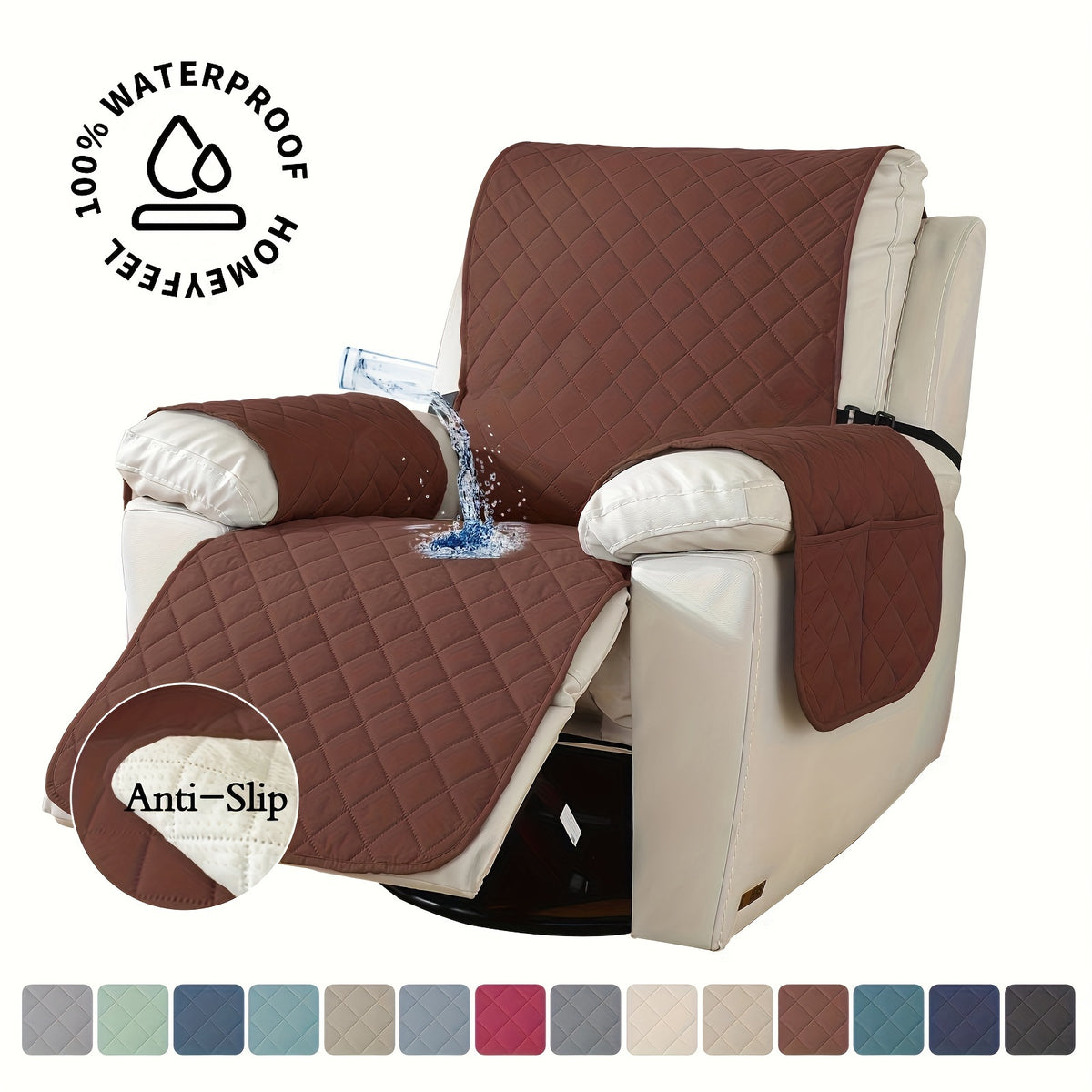 Recliner Chair Cover Waterproof Non-Slip, Oversized Recliner Slipcover with Side Pocket & Elastic Straps, Washable Furniture Protector for Dogs & Pets, Warm Cozy Chair Cover, 1 Piece